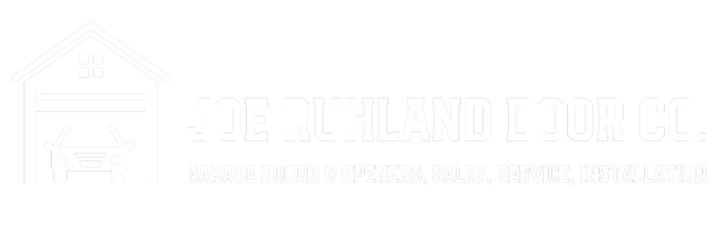 This image is a black and white logo for "Joe Ruhland Door Co." featuring a house with a garage door and a car silhouette, advertising garage doors and services.