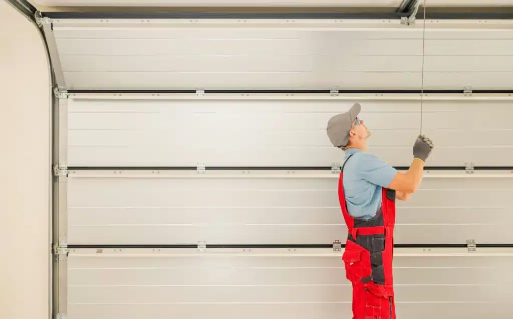 A person wearing a gray cap, blue shirt, red overalls, and gloves is working on a white sectional garage door, pulling on a cable.