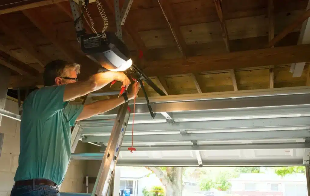 A person is on a ladder fixing a garage door opener. There's a wooden ceiling above and part of the garage door visible.