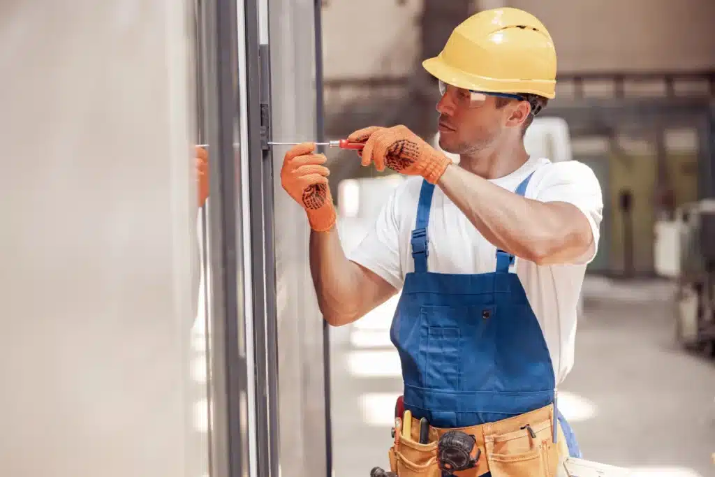 A person in a hard hat and work gear is measuring a window, wearing safety gloves, focused on precise handiwork at a construction site.