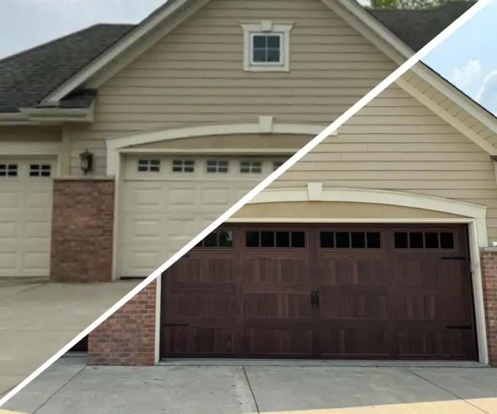 The image shows a before-and-after comparison of a house's garage door; the left side is a plain white door, and the right side features a wood-style door.