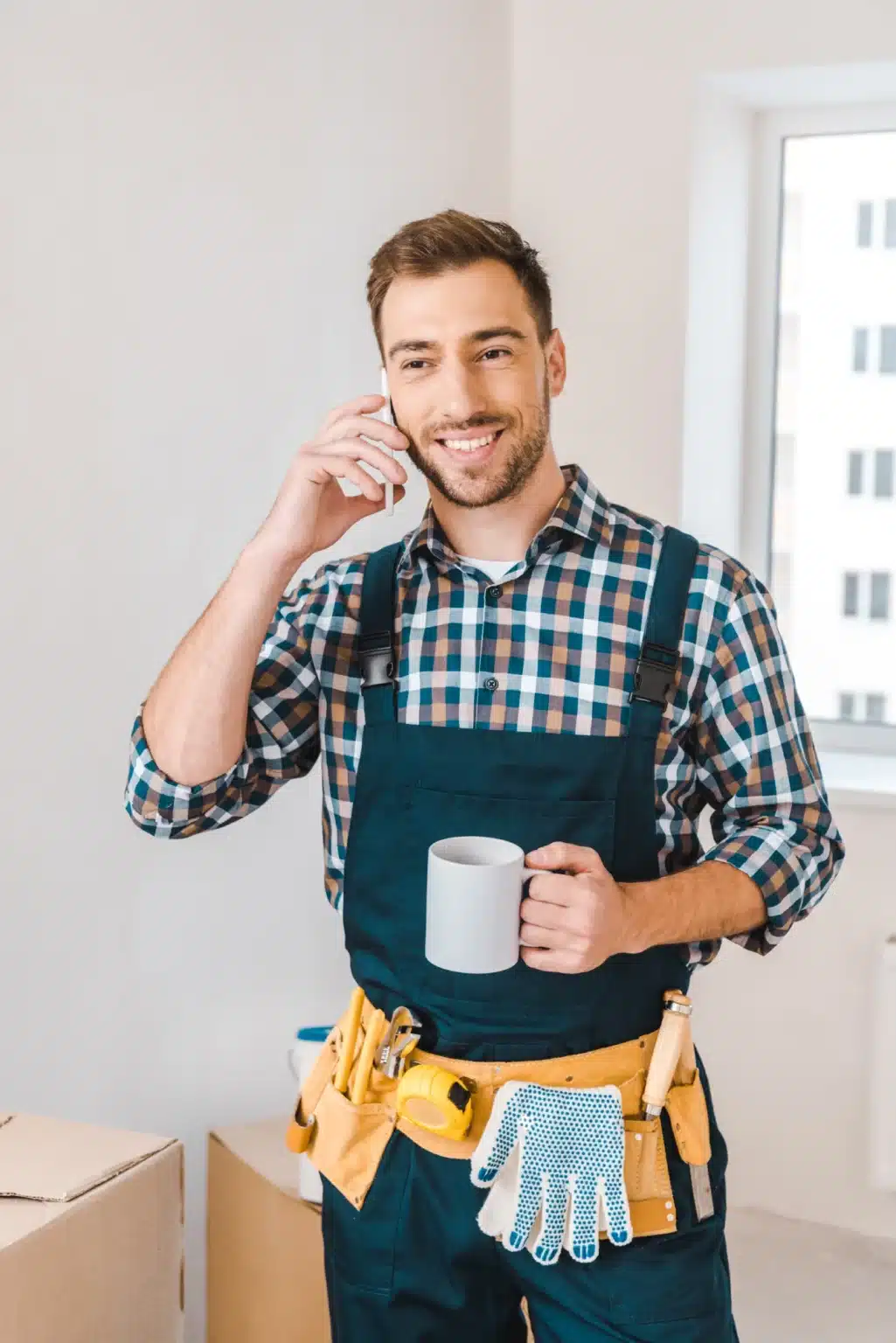 A smiling person wearing a plaid shirt and overalls holds a mug and a phone, with a tool belt and gloves, standing indoors.