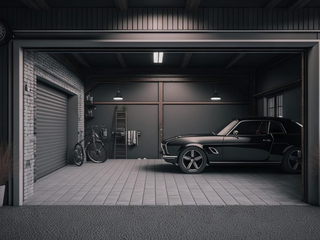 A neat, modern garage interior with an elegant black car parked inside. Bicycle, clock, plants, and closed shutter doors complement the tidy space.